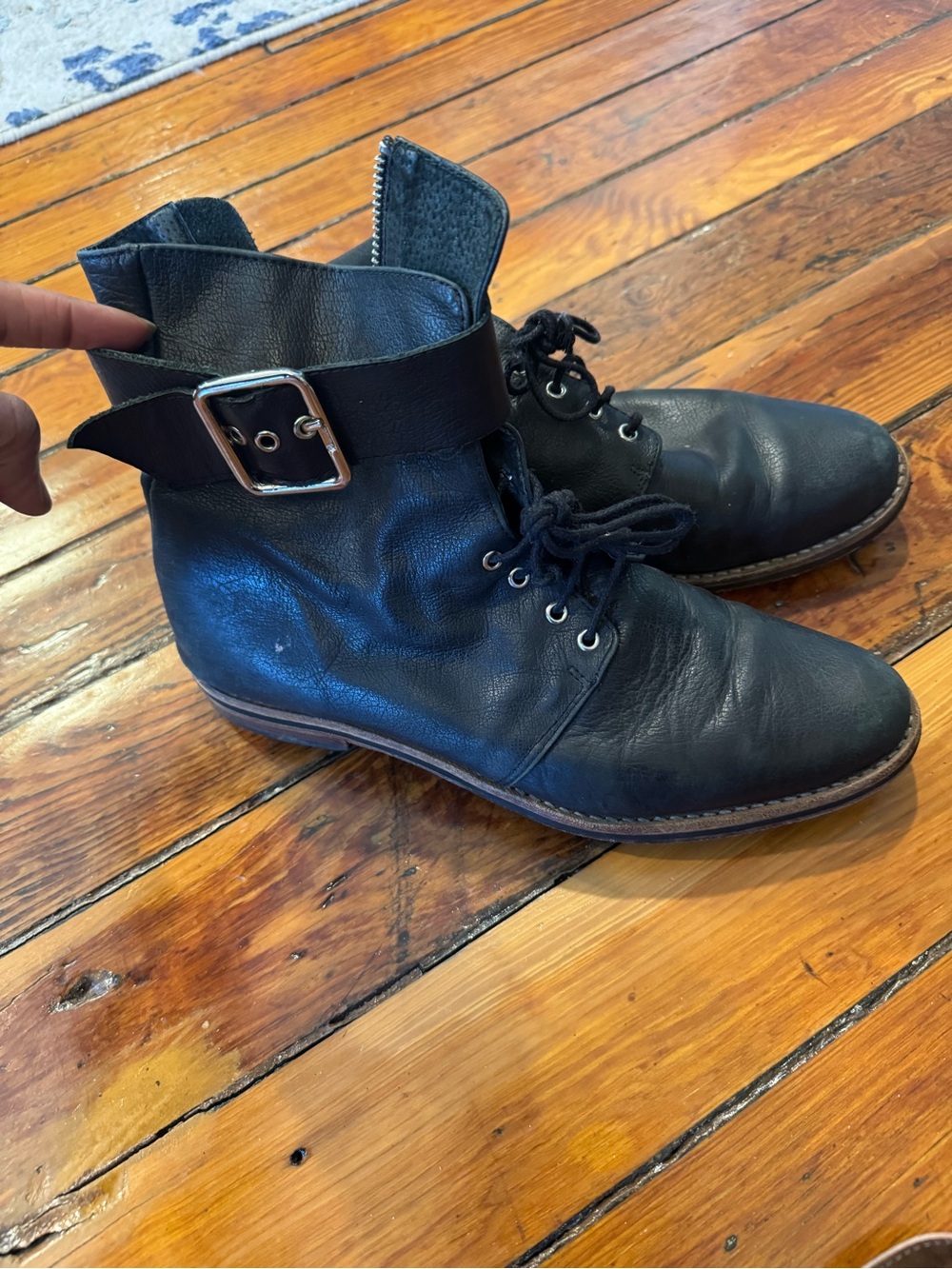 Men's Black Leather Lace-Up Ankle Boots with Buckle Strap